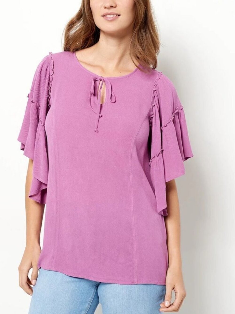 Susan Graver Weekend Rayon Crepe Flutter Sleeve Tunic